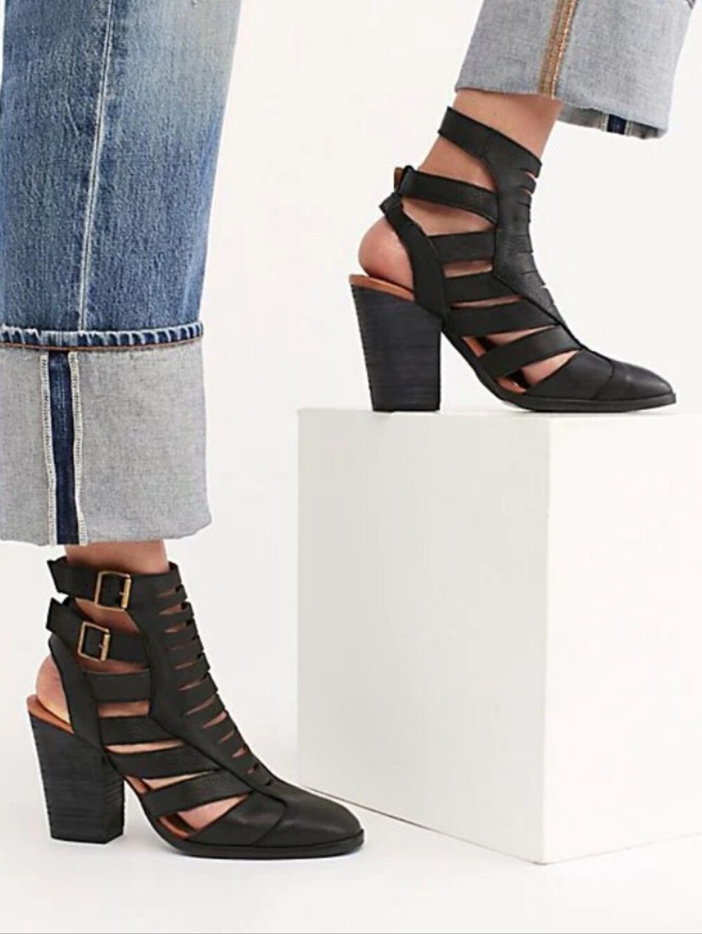 free People Hates Women’s Black Strappy Block Hee Leather Strappy Buckle Booties